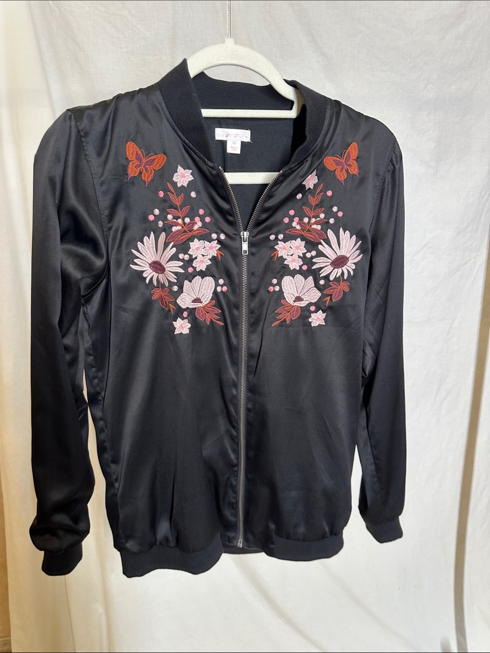 Xhilaration Black Bomber Jacket with Pink & Orange Floral Embroidery